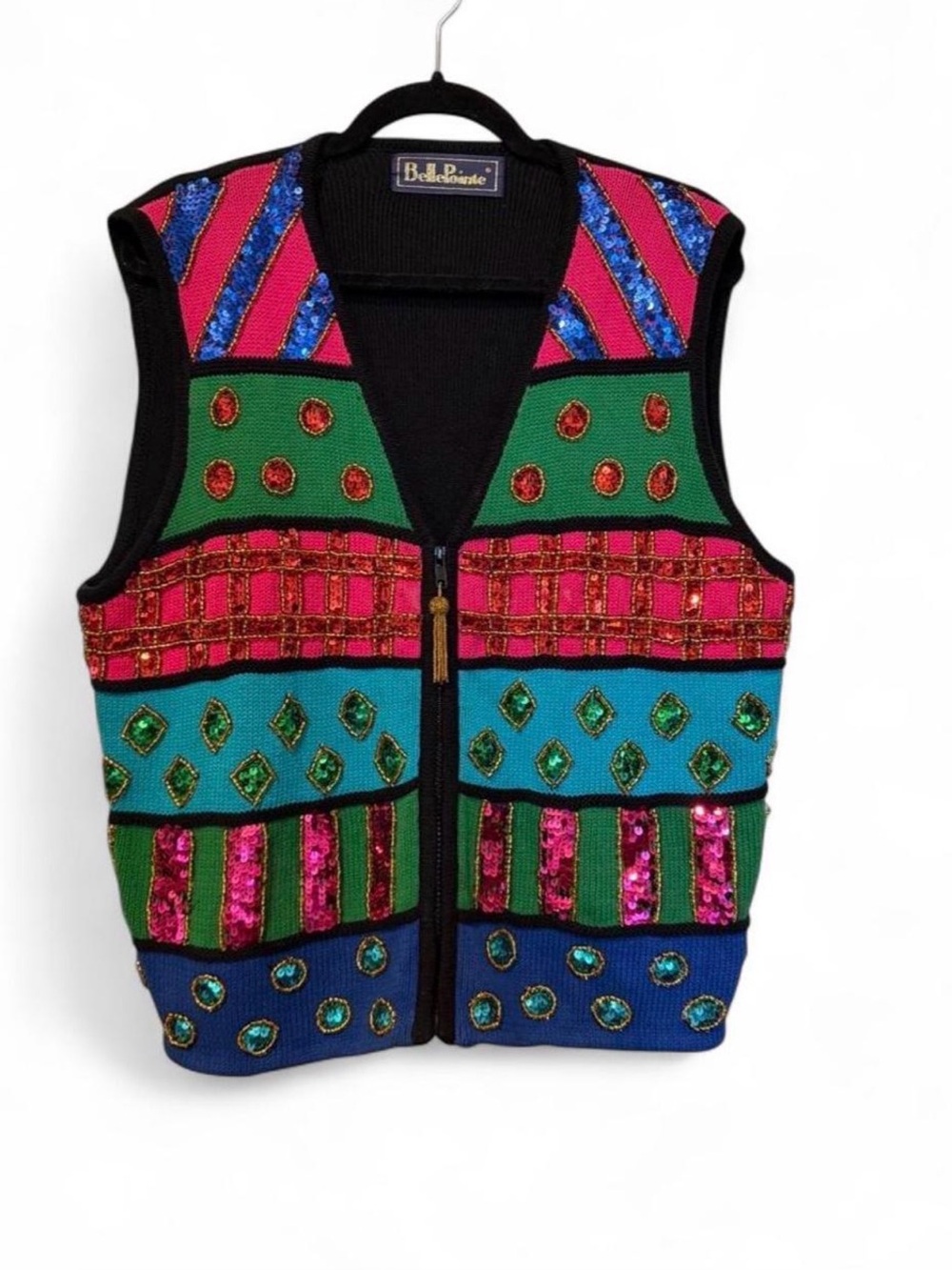 Vintage BellePointe Sequin Knit Sweater Vest Colorful Beaded 80s 90s M/L
